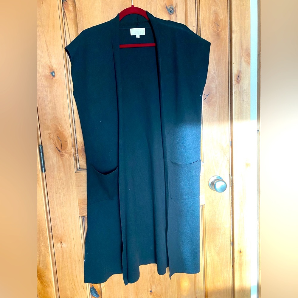 Joan Vass long vest sweater sleeveless open front deep pockets - black